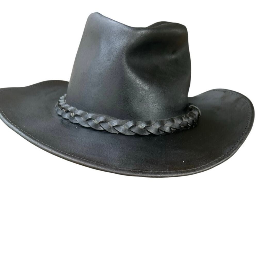 HatQuarters USA Black Leather Cowboy Hat Medium Western Braided Band - Picture 3 of 6